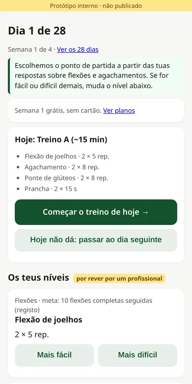 Captura do protótipo da app: ecrã do Dia 1 de 28, com o treino de hoje (cerca de 15 minutos) e os níveis de cada exercício.