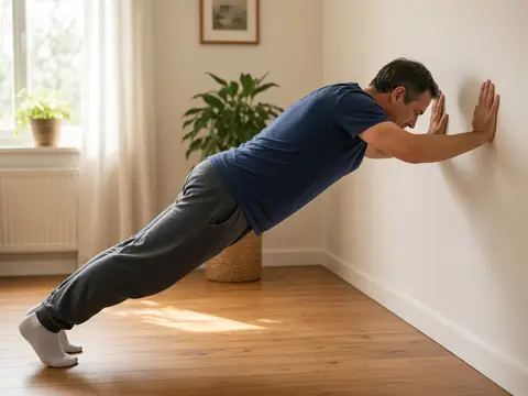 Imagem criada com IA: um homem faz flexões na parede.