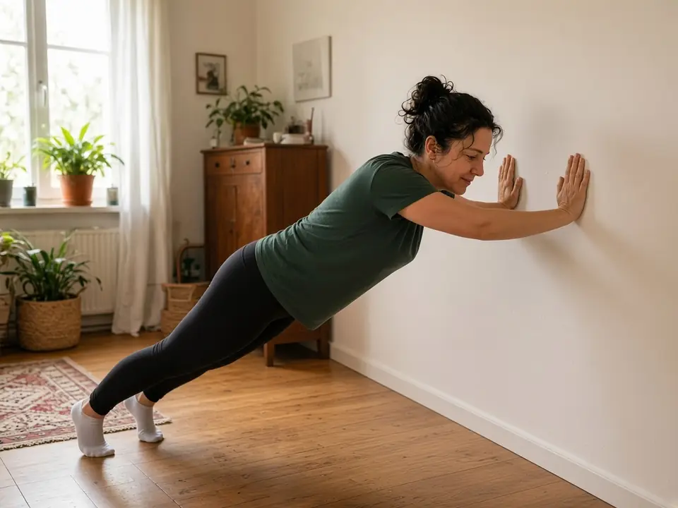 Imagem criada com IA: uma mulher faz flexões na parede, na sala de casa.