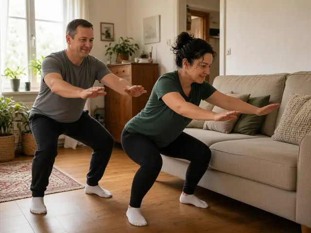 Imagem criada com IA: um homem e uma mulher fazem meio agachamento na sala de casa.